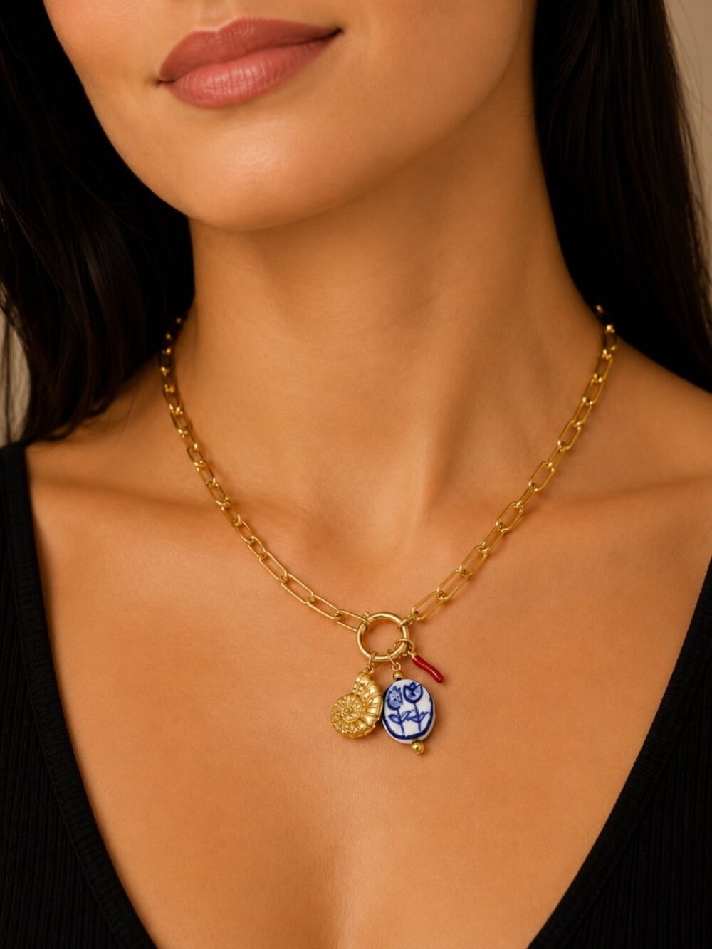 ✨ Gold Chain Charm Necklace with Blue Ceramic, Gold Shell and Red Pepper Accent